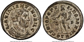 Galerius, as Caesar (AD 305-311). BI follis or nummus (28mm, 9.45 gm, 5h). NGC MS 5/5 - 4/5, Silvering. Trier, 1st officina, AD 303-305. MAXIMIANVS NO...