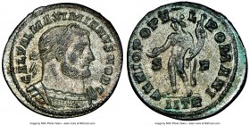 Galerius, as Caesar (AD 305-311). BI follis or nummus (28mm, 9.27 gm, 11h). NGC Choice AU 4/5 - 4/5, Silvering. Trier, 1st officina, AD 303-305. MAXIM...