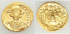 Constantine IV Pogonatus (AD 668-685) with Heraclius and Tiberius. AV solidus (19mm, 4.42 gm, 7h). AU. Constantinople, 4th officina, AD 669-674. d N C...