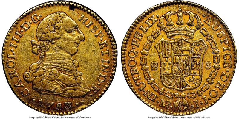 Charles III gold 2 Escudos 1783 NR-JJ XF45 NGC, Nuevo Reino mint, KM49.1.

HID...