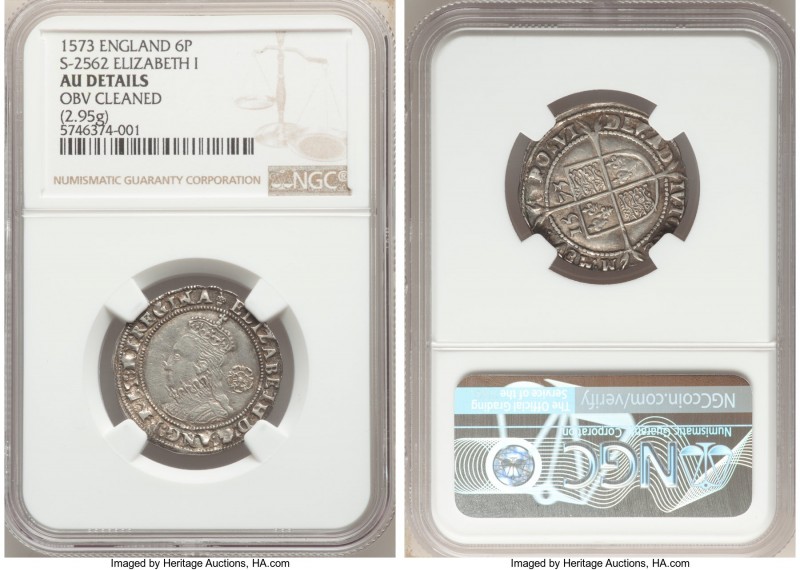 Elizabeth I 6 Pence 1573 AU Details (Obverse Cleaned) NGC, Tower mint, Acorn mm,...