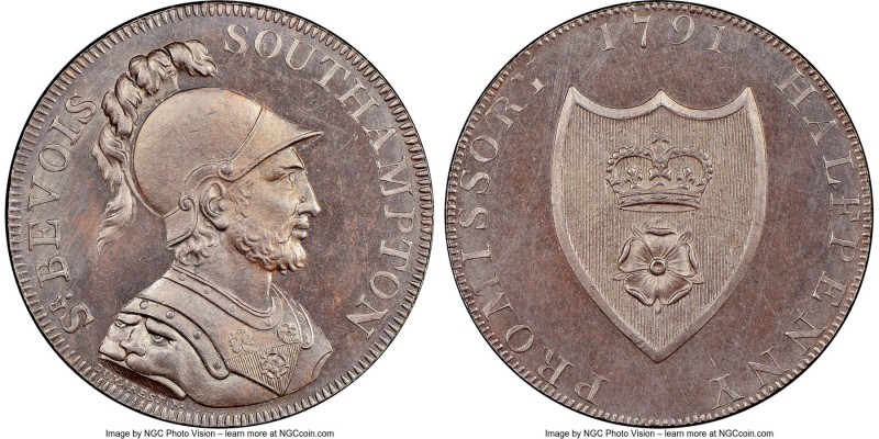 Hampshire. Portsmouth copper 1/2 Penny Token 1791 MS65 Brown NGC, D&H-89. Edge: ...