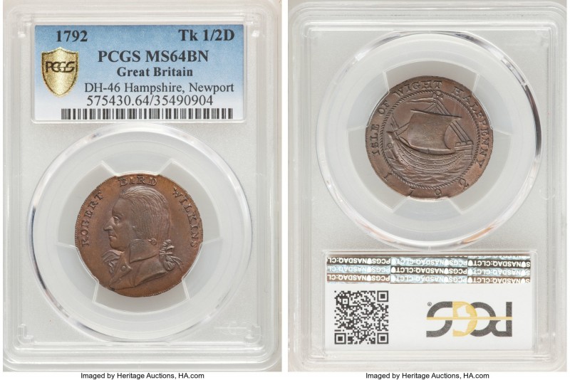 Hampshire. Newport copper 1/2 Penny Token 1792 MS64 Brown PCGS, D&H-46. Sold wit...