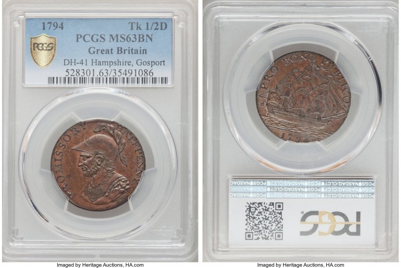 Hampshire. Gosport copper 1/2 Penny Token 1794 MS63 Brown PCGS, D&H-41. Sold wit...