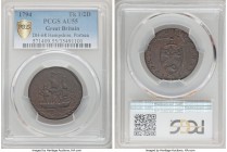 Hampshire. Portsea copper 1/2 Penny Token 1794 AU55 Brown PCGS, D&H-68. Sold with old Schwer Coins dealer envelope. 

HID09801242017

© 2020 Herit...