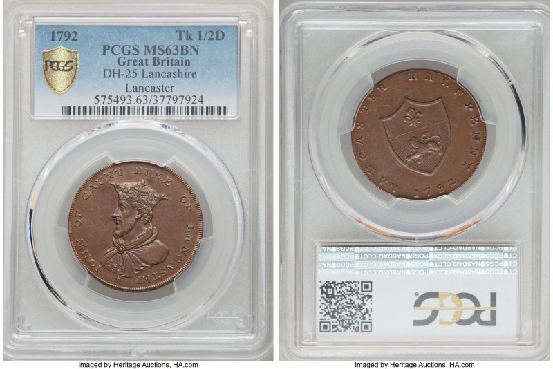 Lancashire. Lancaster copper 1/2 Penny Token 1792 MS63 Brown PCGS, D&H-25. 

H...