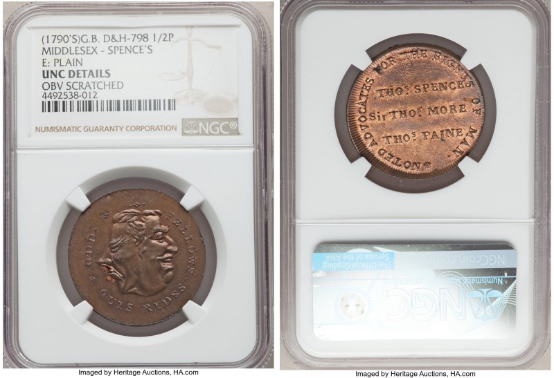 Middlesex. Spence's copper 1/2 Penny Token ND (1790s) UNC Details (Obverse Scrat...