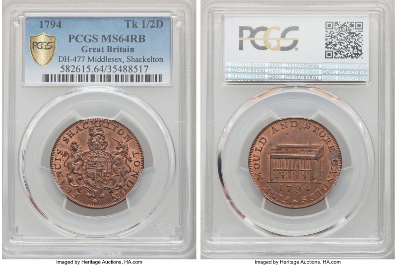 Middlesex. Shackelton copper 1/2 Penny Token 1794 MS64 Red and Brown PCGS, D&H-4...