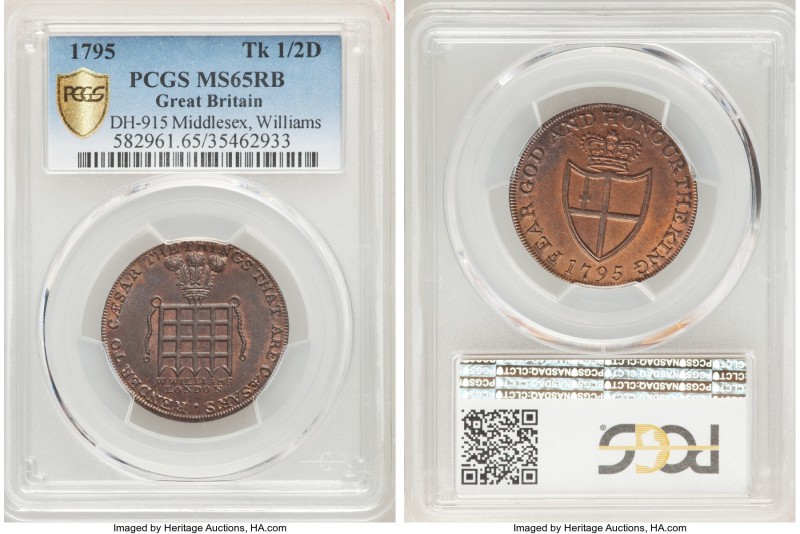 Middlesex. Williams copper 1/2 Penny Token 1795 MS65 Red and Brown PCGS, D&H-915...