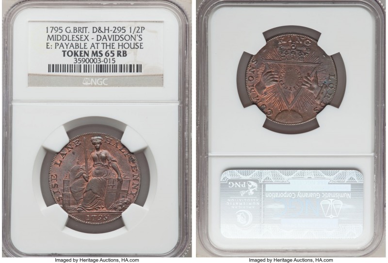 Middlesex. Davidson's copper 1/2 Penny Token 1795 MS65 Red Brown NGC, D&H-295. E...