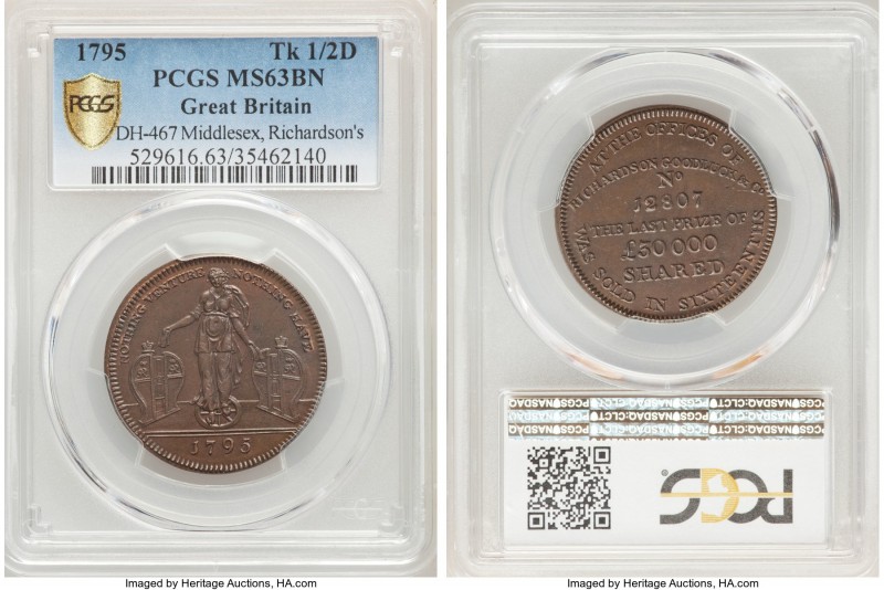 Middlesex. Richardson's copper 1/2 Penny Token 1795 MS63 Brown PCGS, D&H-467. So...