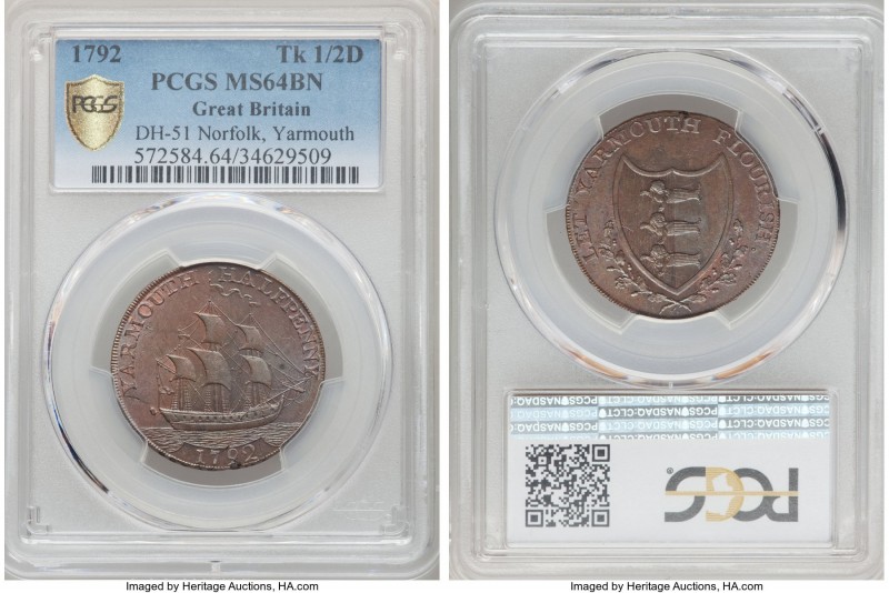 Norfolk. Yarmouth copper 1/2 Penny Token 1792 MS64 Brown PCGS, D&H-51. 

HID09...