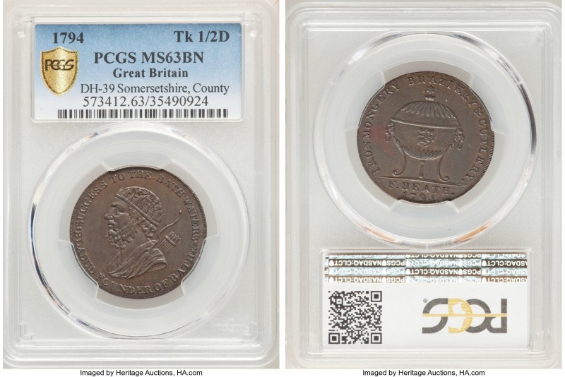 Somersetshire. County copper 1/2 Penny Token 1794 MS63 Brown PCGS, D&H-39. Sold ...