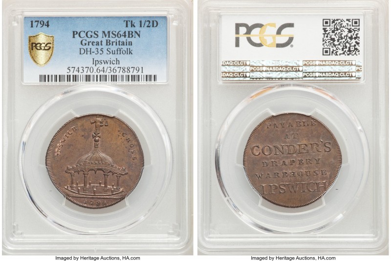 Suffolk. Ipswich copper 1/2 Penny Token 1794 MS64 Brown PCGS, D&H-35. Sold with ...