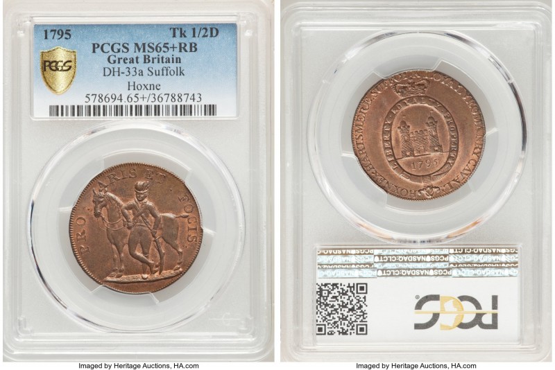 Suffolk. Hoxne copper 1/2 Penny Token 1795 MS65+ Red and Brown PCGS, D&H-33a. So...