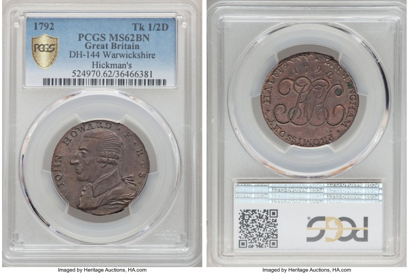 Warwickshire. Hickman's copper 1/2 Penny Token 1792 MS62 Brown PCGS, D&H-144. 
...