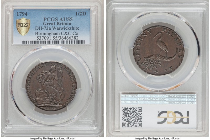 Warwickshire. Birmingham copper 1/2 Penny Token 1794 AU55 PCGS, D&H-73a. Birming...