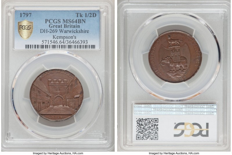 Warwickshire. Kempson's copper 1/2 Penny Token 1797 MS64 Brown PCGS, D&H-269. 
...