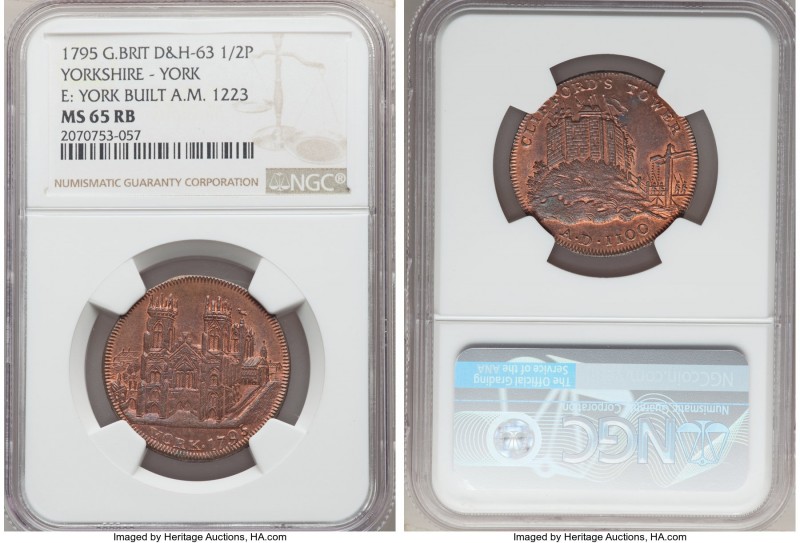 Yorkshire. York copper 1/2 Penny Token 1795 MS65 Red and Brown NGC, D&H-63. Edge...