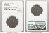 George I 1/2 Penny 1722 VF Details (Environmental Damage) NGC, KM117.1. Variety with harp to right (mislabeled on the holder as harp to left). 

HID...