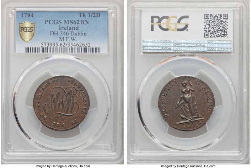 Dublin. M.F.W. copper 1/2 Penny Token 1794 MS62 Brown PCGS, D&H-346. Sold with o...