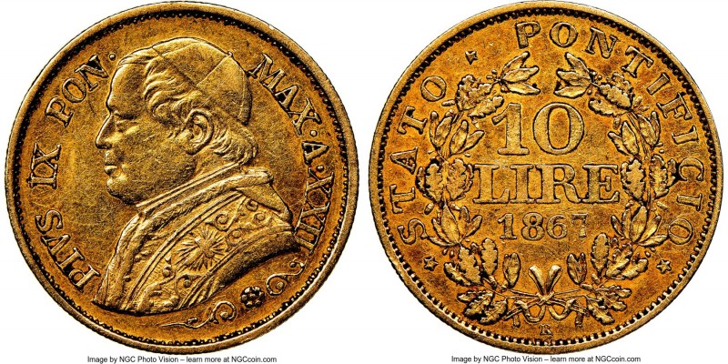 Papal States. Pius IX gold 10 Lire Anno XXII (1867)-R AU53 NGC, Rome mint, KM138...