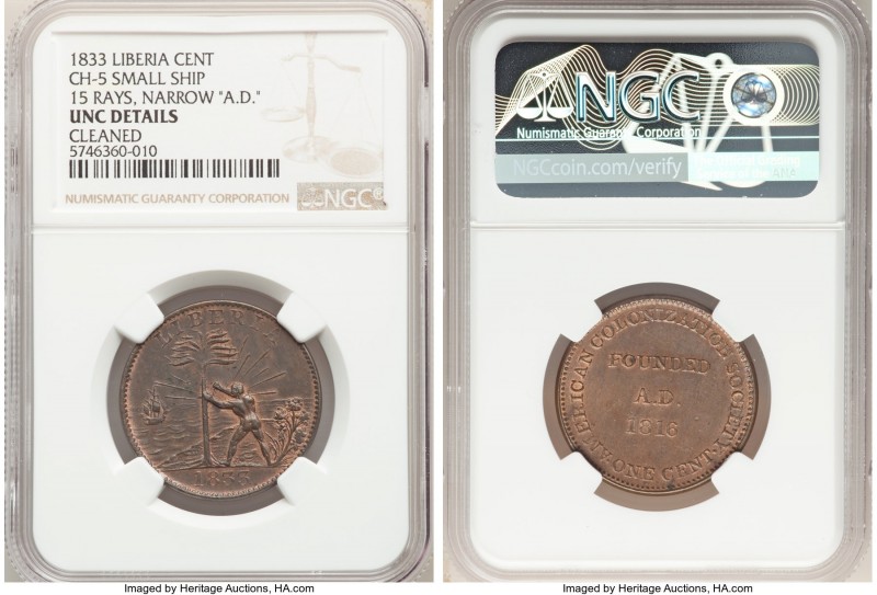 Republic Cent Token 1833 UNC Details (Cleaned) NGC, KM-Tn1, CH-5. Small ship var...