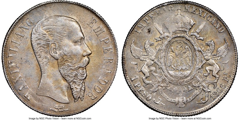 Maximilian Peso 1866-Pi AU58 NGC, San Luis Potosi mint, KM388.2. Lustrous, with ...