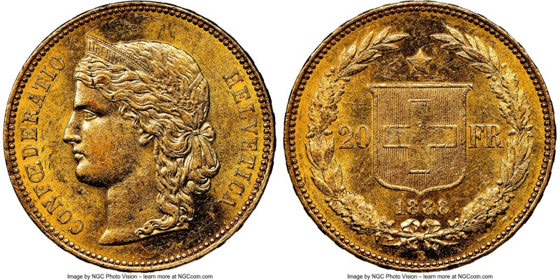 Confederation gold 20 Francs 1888-B AU58 NGC, Bern mint, KM31.3, Fr-497, HMZ-2-1...