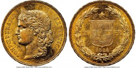 Confederation gold 20 Francs 1888-B AU58 NGC, Bern mint, KM31.3, Fr-497, HMZ-2-1194. Mintage: 4,224. A great rarity within the 19th-century Swiss 20 F...