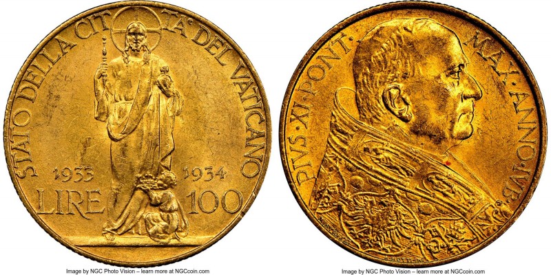 Pius XI gold 100 Lire 1933-1934 MS62 NGC, KM19. Jubilee issue. Sold with Finnish...