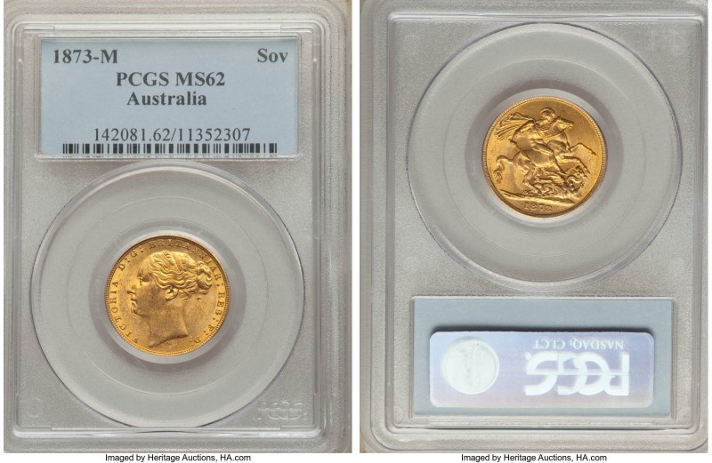 Victoria gold "St. George" Sovereign 1873-M MS62 PCGS, Melbourne mint, KM7, S-38...