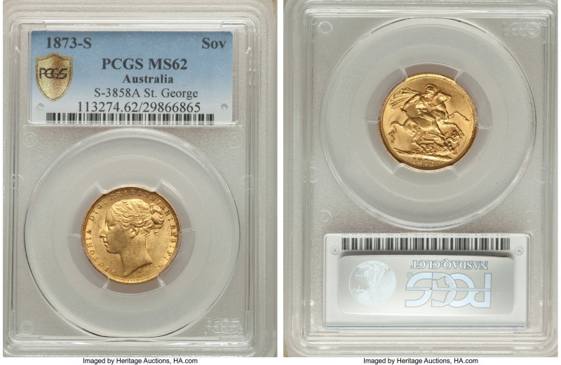 Victoria gold "St. George" Sovereign 1873-S MS62 PCGS, Sydney mint, KM7, S-3858A...