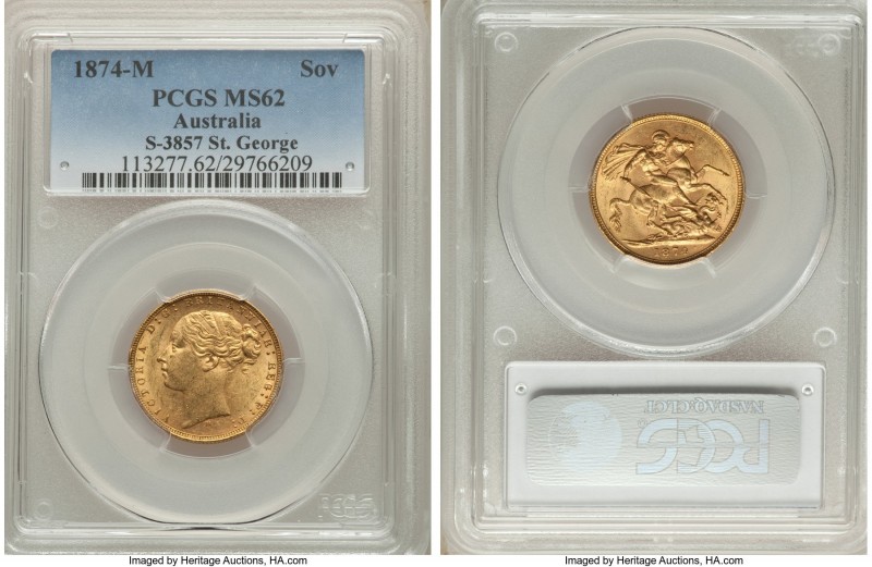 Victoria gold "St. George" Sovereign 1874-M MS62 PCGS, Melbourne mint, KM7, S-38...