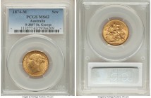 Victoria gold "St. George" Sovereign 1874-M MS62 PCGS, Melbourne mint, KM7, S-3857. A captivating harvest-gold example of this scarcer date exhibiting...