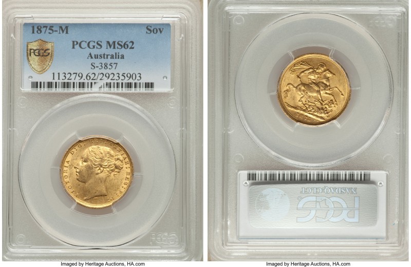Victoria gold "St. George" Sovereign 1875-M MS62 PCGS, Melbourne mint, KM7, S-38...