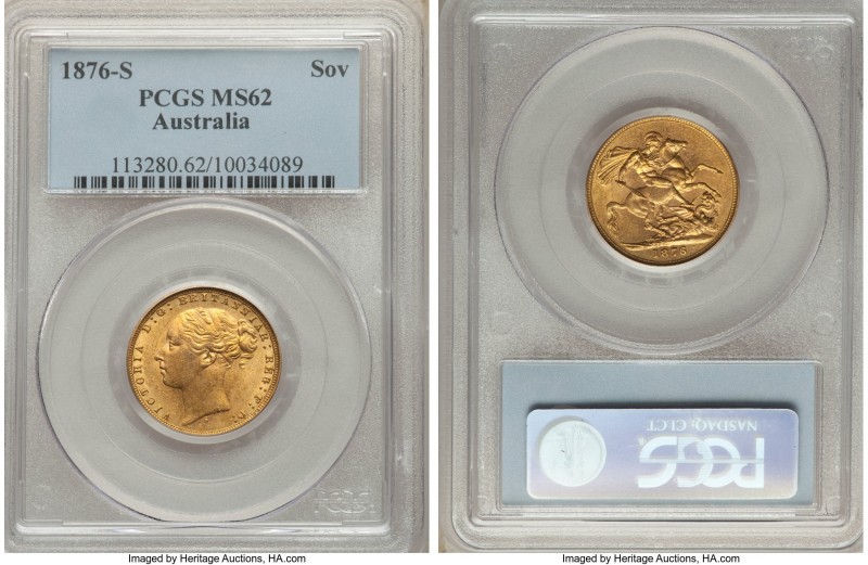 Victoria gold "St. George" Sovereign 1876-S MS62 PCGS, Sydney mint, KM7. A parti...