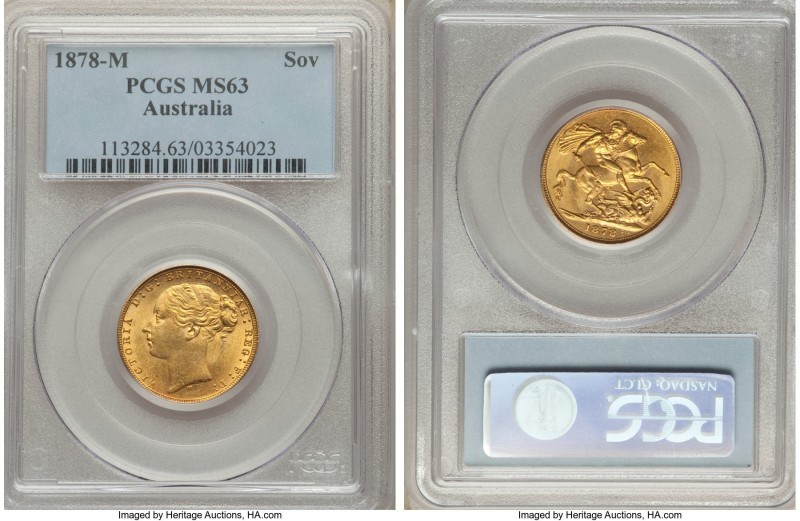 Victoria gold "St. George" Sovereign 1878-M MS63 PCGS, Melbourne mint, KM7. Imme...