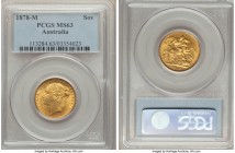 Victoria gold "St. George" Sovereign 1878-M MS63 PCGS, Melbourne mint, KM7. Immediately eye-catching for its sun-yellow color, satin cartwheel luster ...
