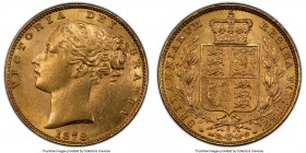 Victoria gold "Shield" Sovereign 1878-S MS62 PCGS, Sydney mint, KM6, S-3855. Clean fields, the slightest hint of rub to the highpoints of Victoria's p...