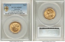 Victoria gold "St. George" Sovereign 1879-M MS63 PCGS, Melbourne mint, KM7, S-3857. Horse with long tail. The eye appeal of this Sovereign is immediat...