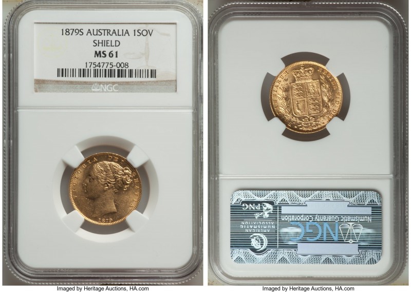 Victoria gold "Shield" Sovereign 1879-S MS61 NGC, Sydney mint, KM6. Pleasing for...