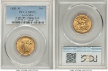 Victoria gold "St. George" Sovereign 1880-M MS62 PCGS, Melbourne mint, KM7, S-3857D. Horse with medium tail. Lightly handled but a problem-free Mint S...