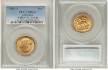 Victoria gold "St. George" Sovereign 1881-S MS62 PCGS, Sydney mint, KM7, S-3858D. An abundance of satin luster with brighter spears of reflectivity in...