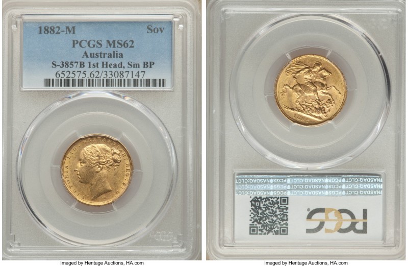 Victoria gold "St. George" Sovereign 1882-M MS62 PCGS, Melbourne mint, KM7, S-38...