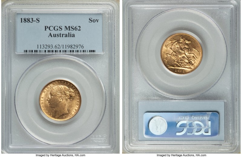 Victoria gold "St. George" Sovereign 1883-S MS62 PCGS, Sydney mint, KM7. Some st...