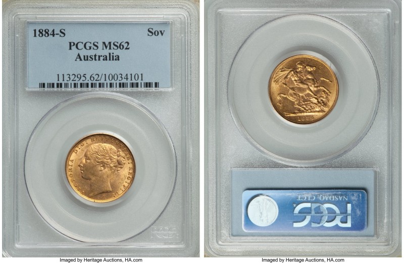 Victoria gold "St. George" Sovereign 1884-S MS62 PCGS, Sydney mint, KM7. Lustrou...