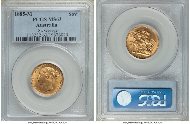 Victoria gold "St. George" Sovereign 1885-M MS63 PCGS, Melbourne mint, KM7, S-38...