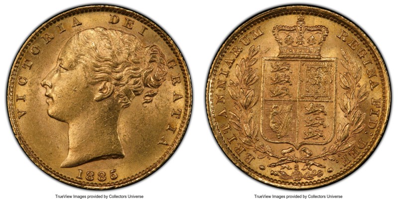 Victoria gold "Shield" Sovereign 1885-S MS62 PCGS, Sydney mint, KM6, S-3855B. Fa...