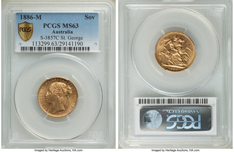 Victoria gold "St. George" Sovereign 1886-M MS63 PCGS, Melbourne mint, KM7, S-38...